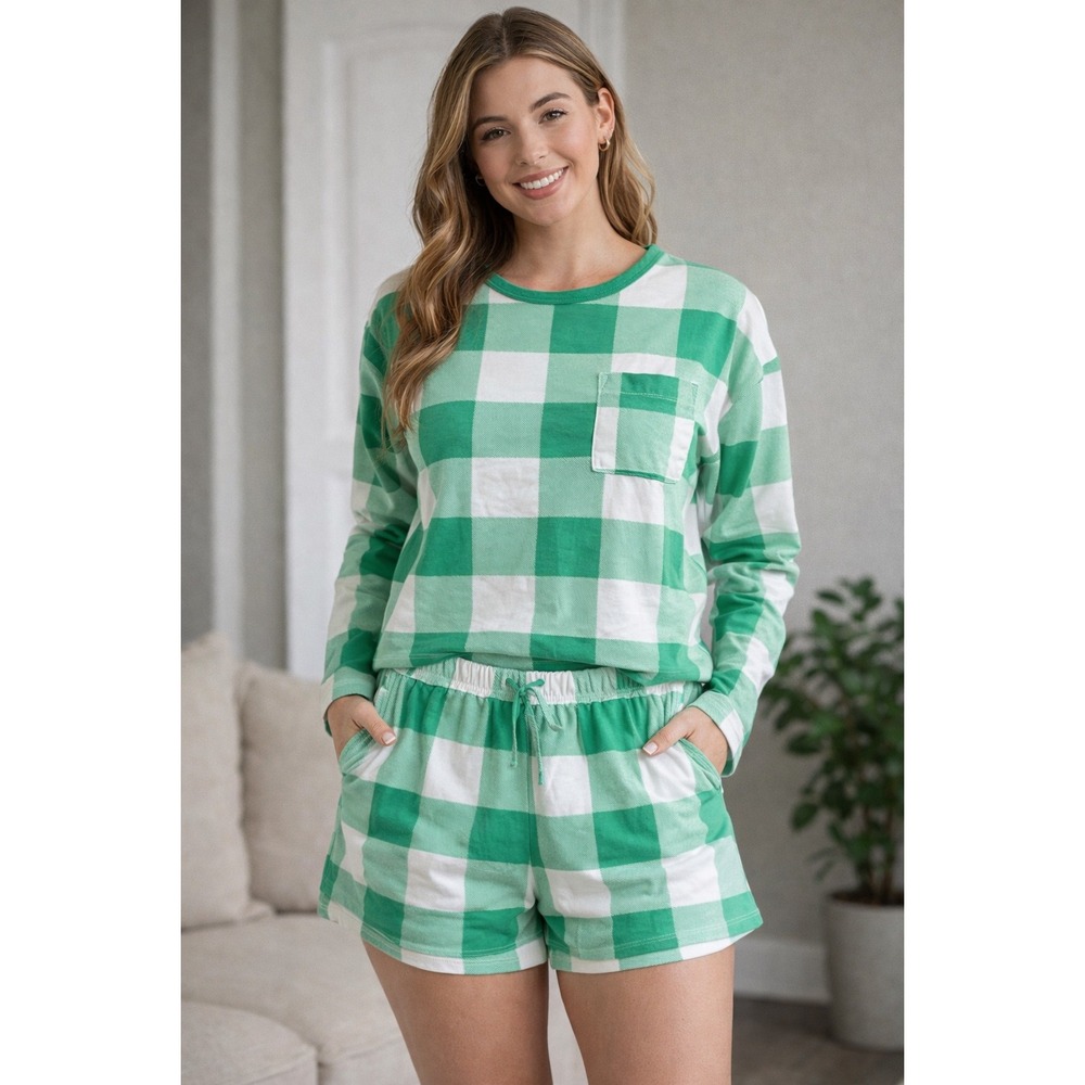 Colsie‎ Pajama Set Women's XS Green White Buffalo Plaid Long Sleeve Top & Shorts